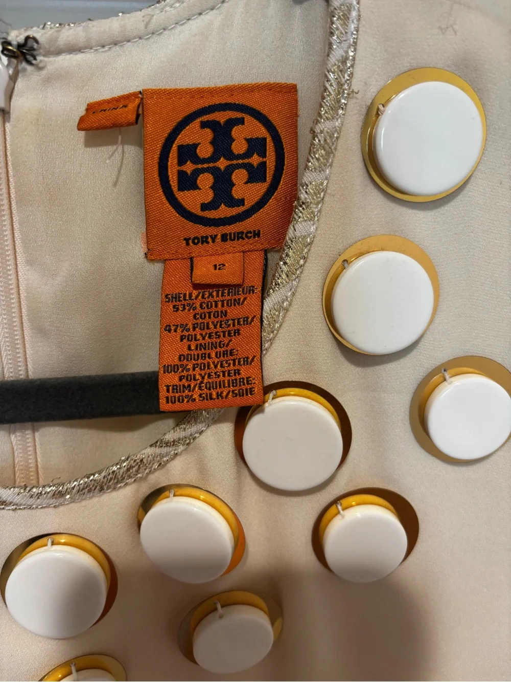 Tory Burch Cream and Gold Embellished Wave-Pattern Mini Dress